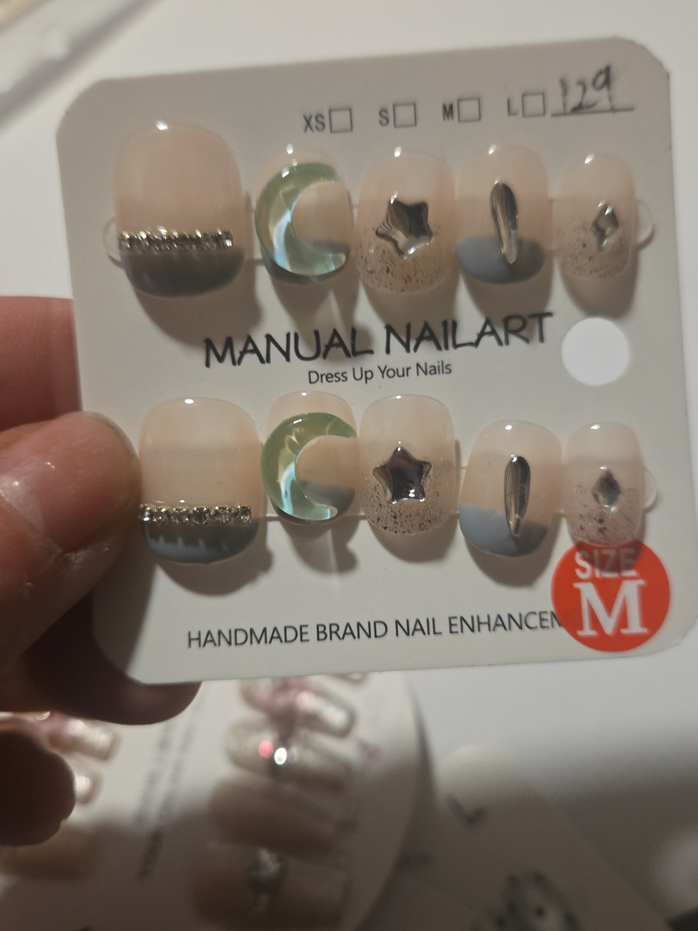 Handmade Blush & Light Blue Rhinestone Press-On Nails - Picture 2 of 2